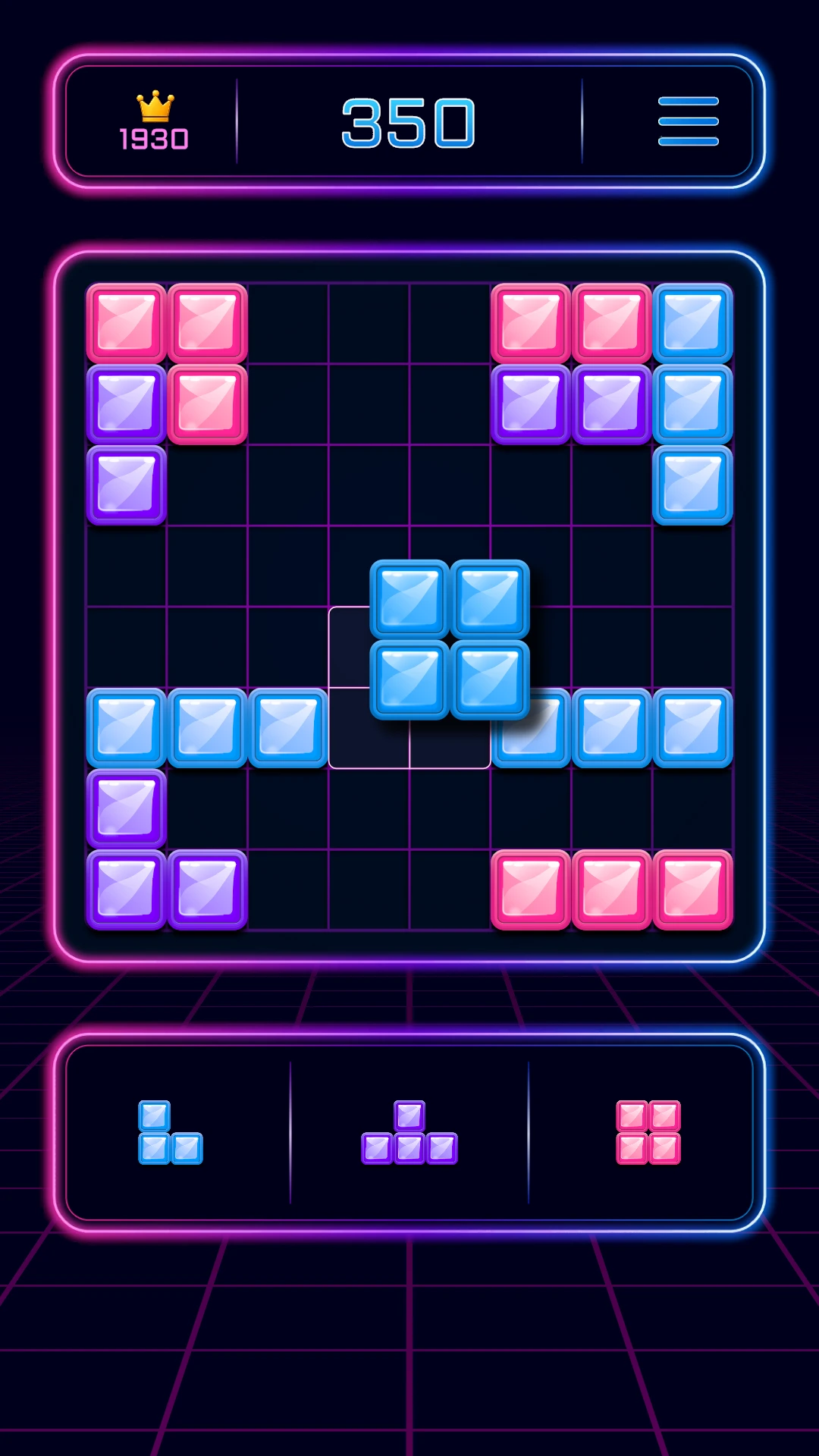 A blue square block being dragged onto the Neon Grid board, with the target cells highlighted