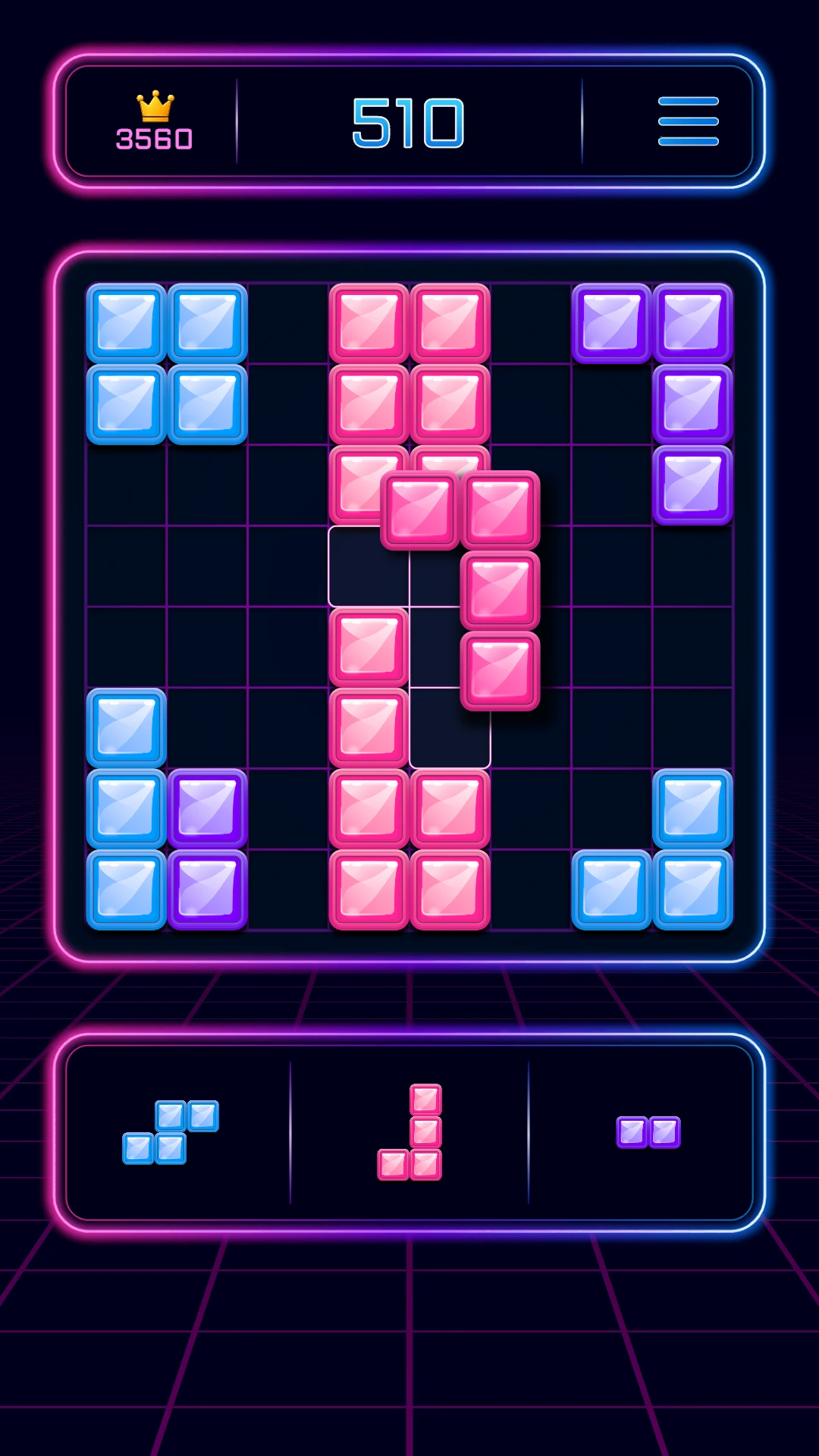 A pink block being placed alongside a column of pink blocks running down the Neon Grid board