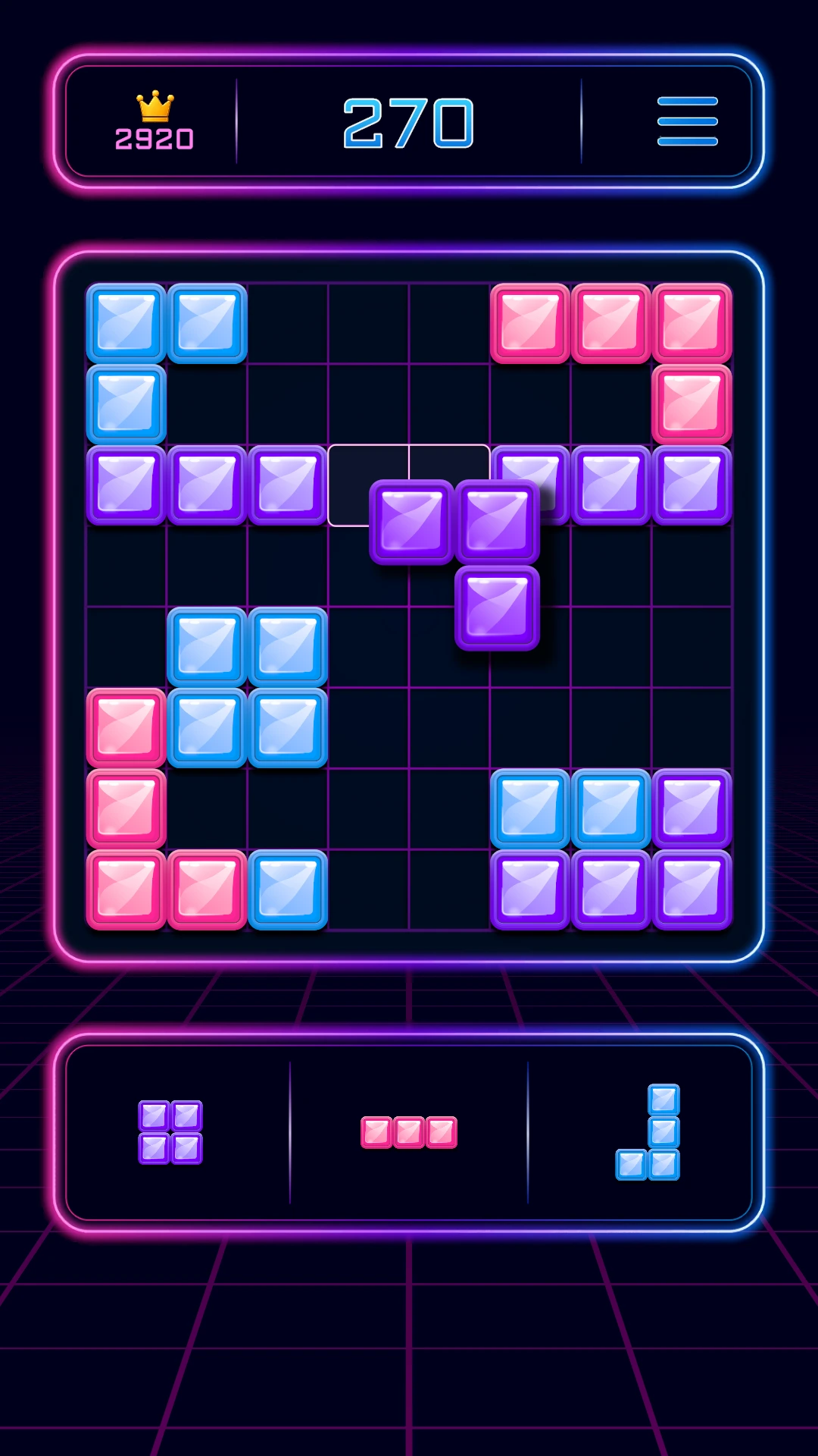 A purple block being dragged into a gap in the upper rows of the Neon Grid board