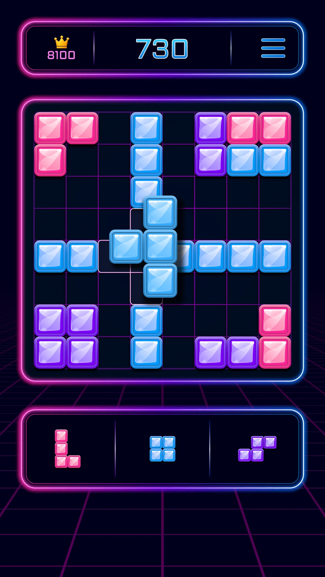 A blue block being positioned in the centre of a Neon Grid board filled with blue, pink and purple pieces